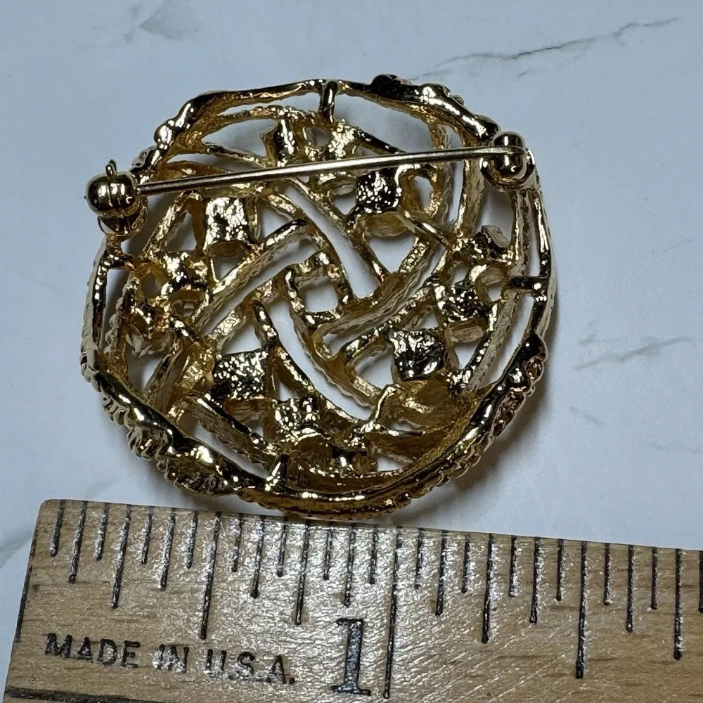 Lot Of 3 Vintage MCM Rhinestone Brooches Fish Flower Round Gold Silver Tone Pins
